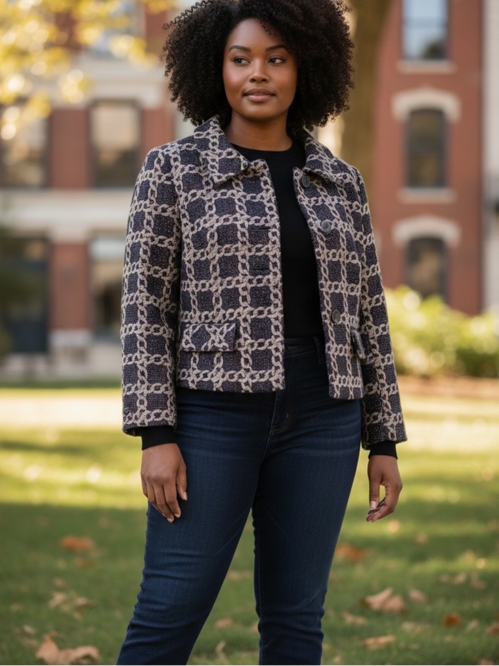 Eccoci Tweed Cotton Linen Chain Print Cropped Blazer Jacket Size 10
